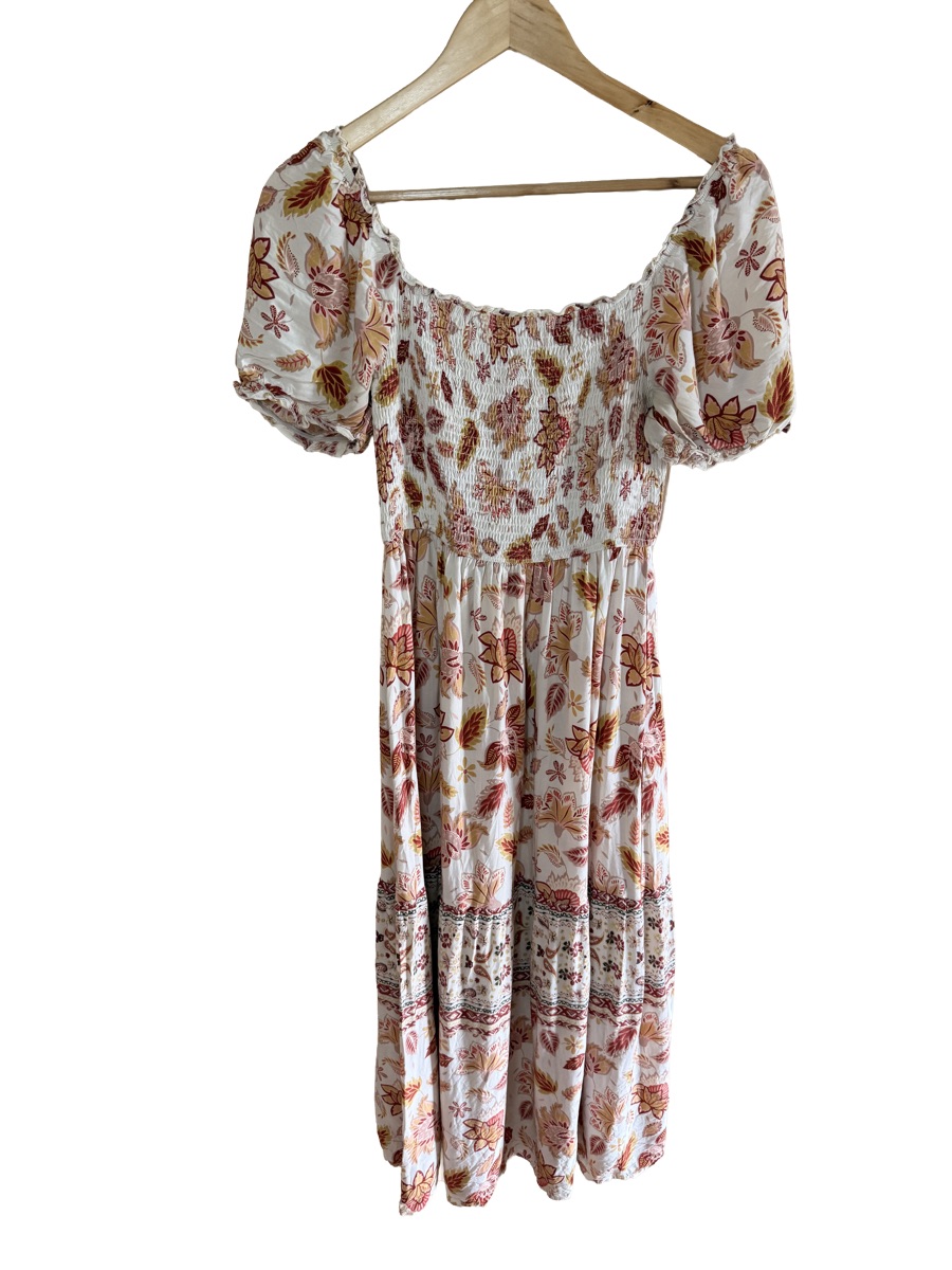 Floral Smocked Puff-Sleeve Midi Dress