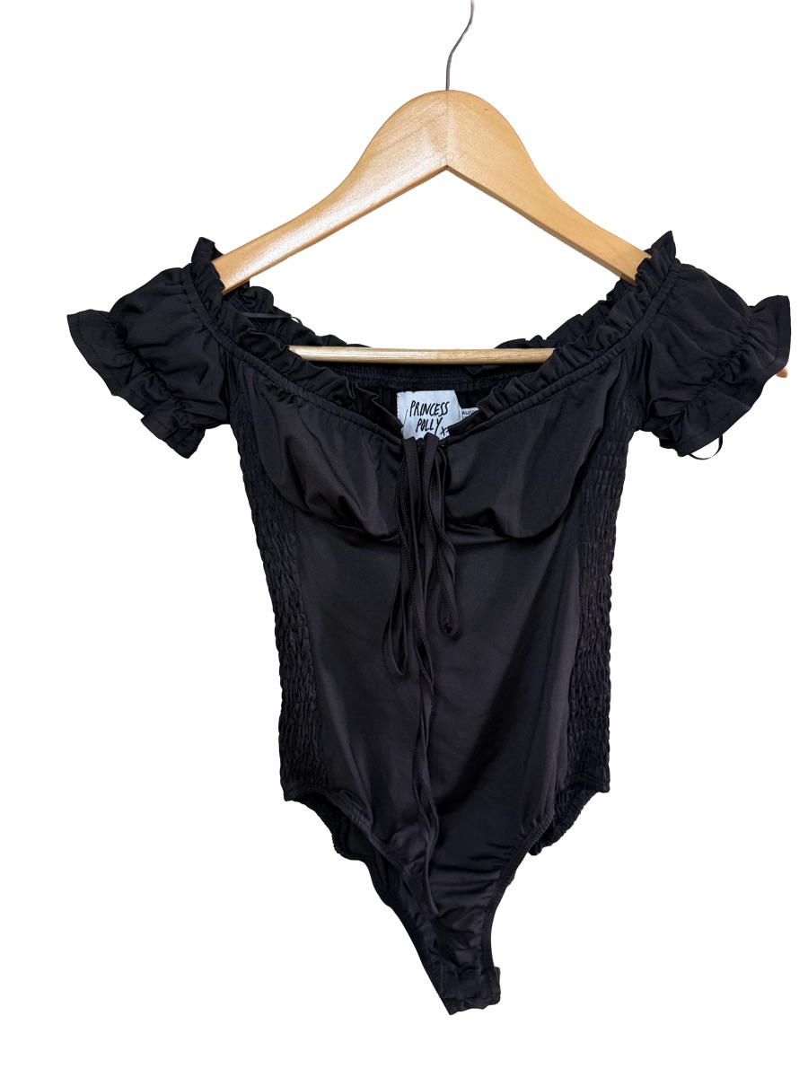 Black Smocked Off-Shoulder Bodysuit